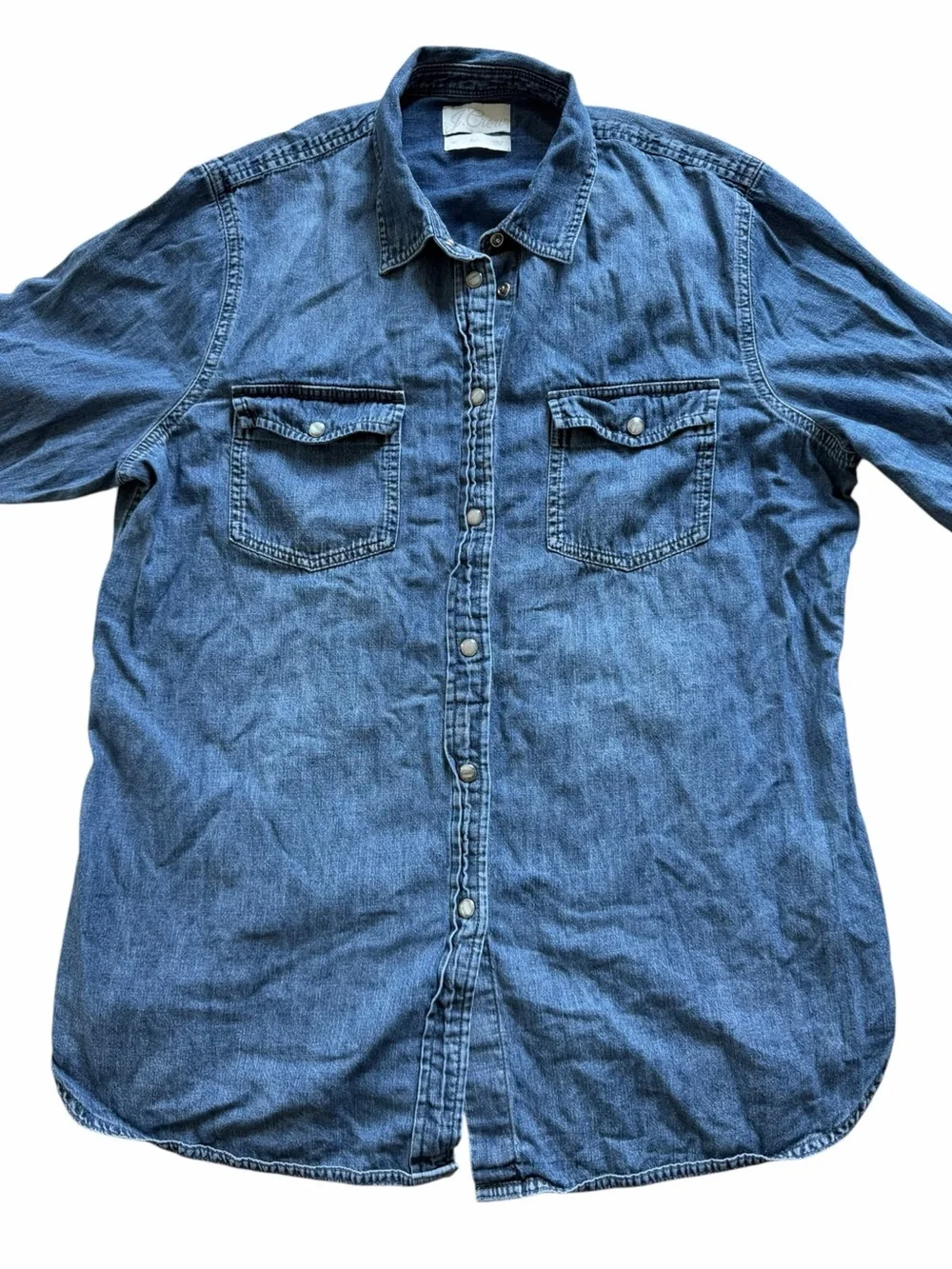 J. Crew Slim Fit Chambray Shirt Size 14 Tall Blue Cotton Pearl Snap Western